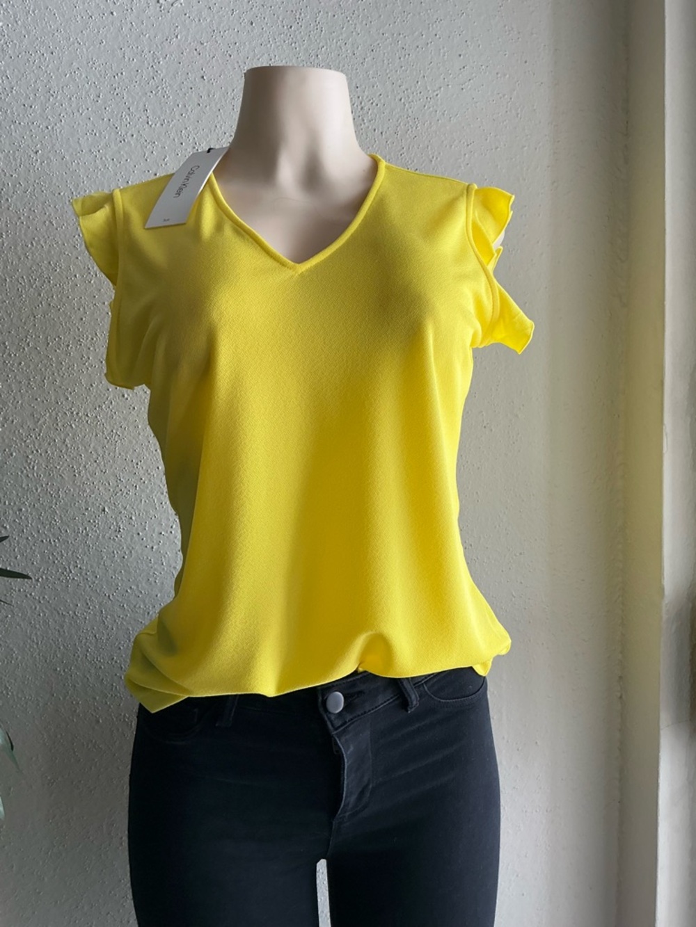 Calvin Klein Bright Yellow V-Neck Flutter Sleeve Top